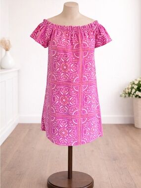 Vineyard Vines Pink Off Shoulder Dress | Size S | Cotton Tile Print